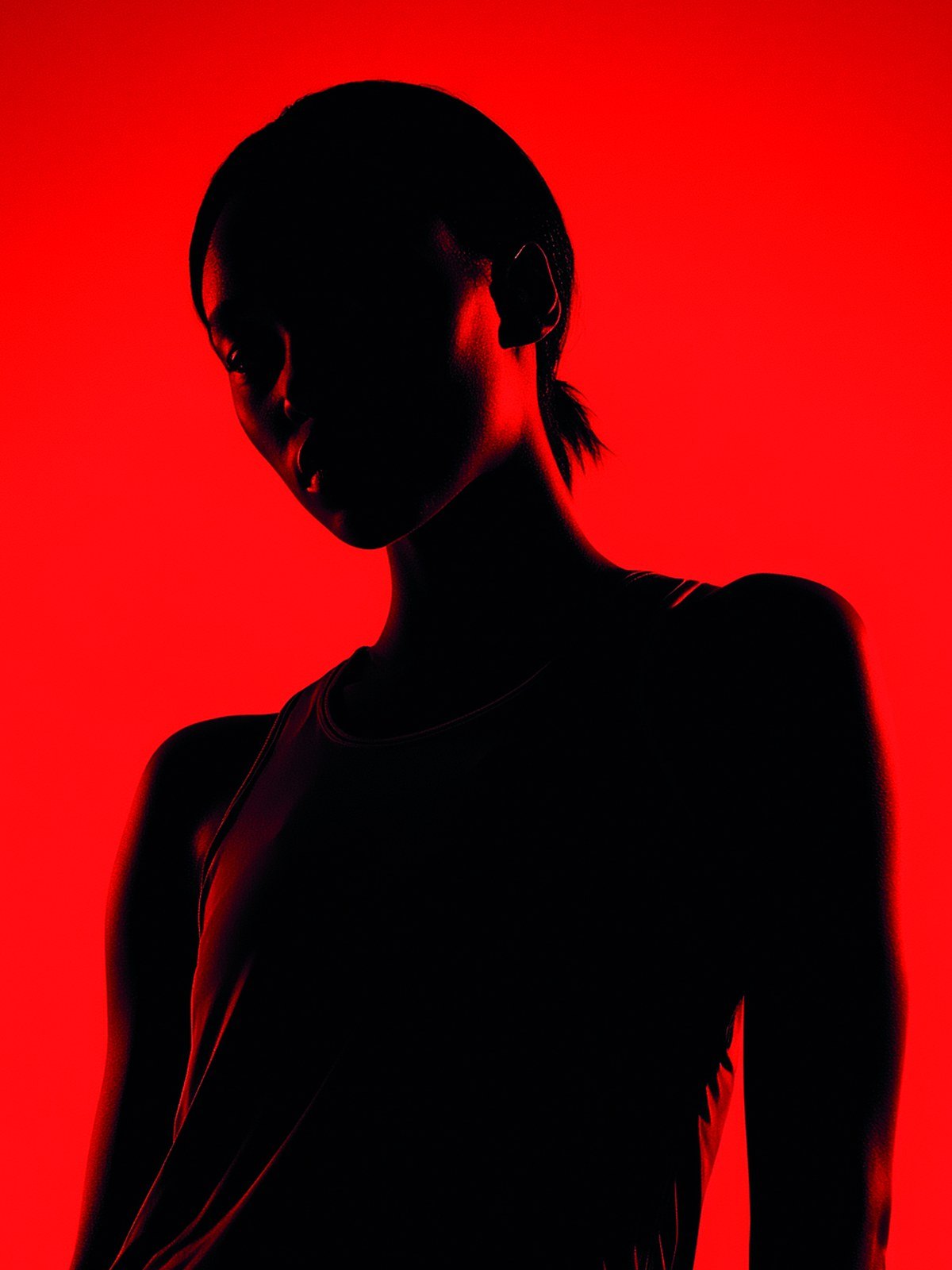 A figure in silhouette against a red ground