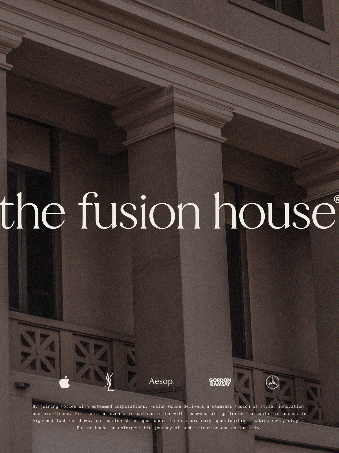The hotel facade in New York under The Fusion House wordmark