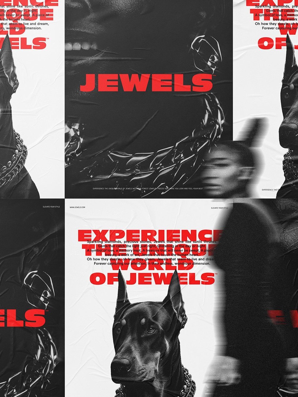 Social grid alternating Doberman photography with red campaign typography