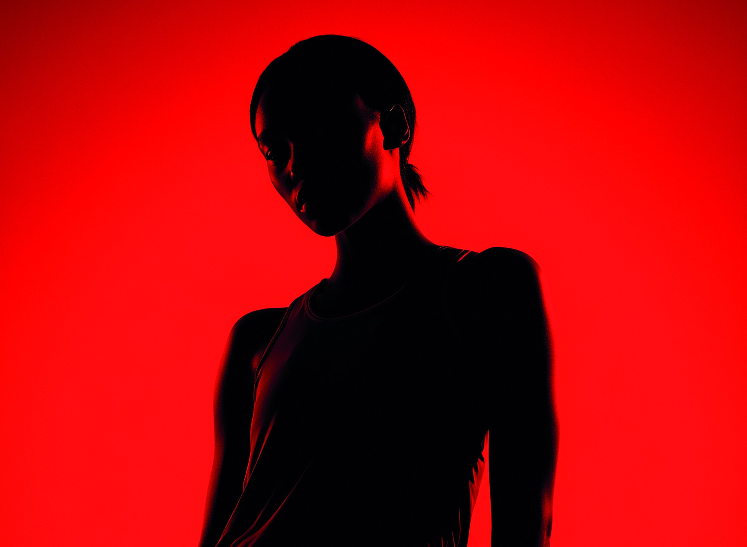 A figure in silhouette against a red ground