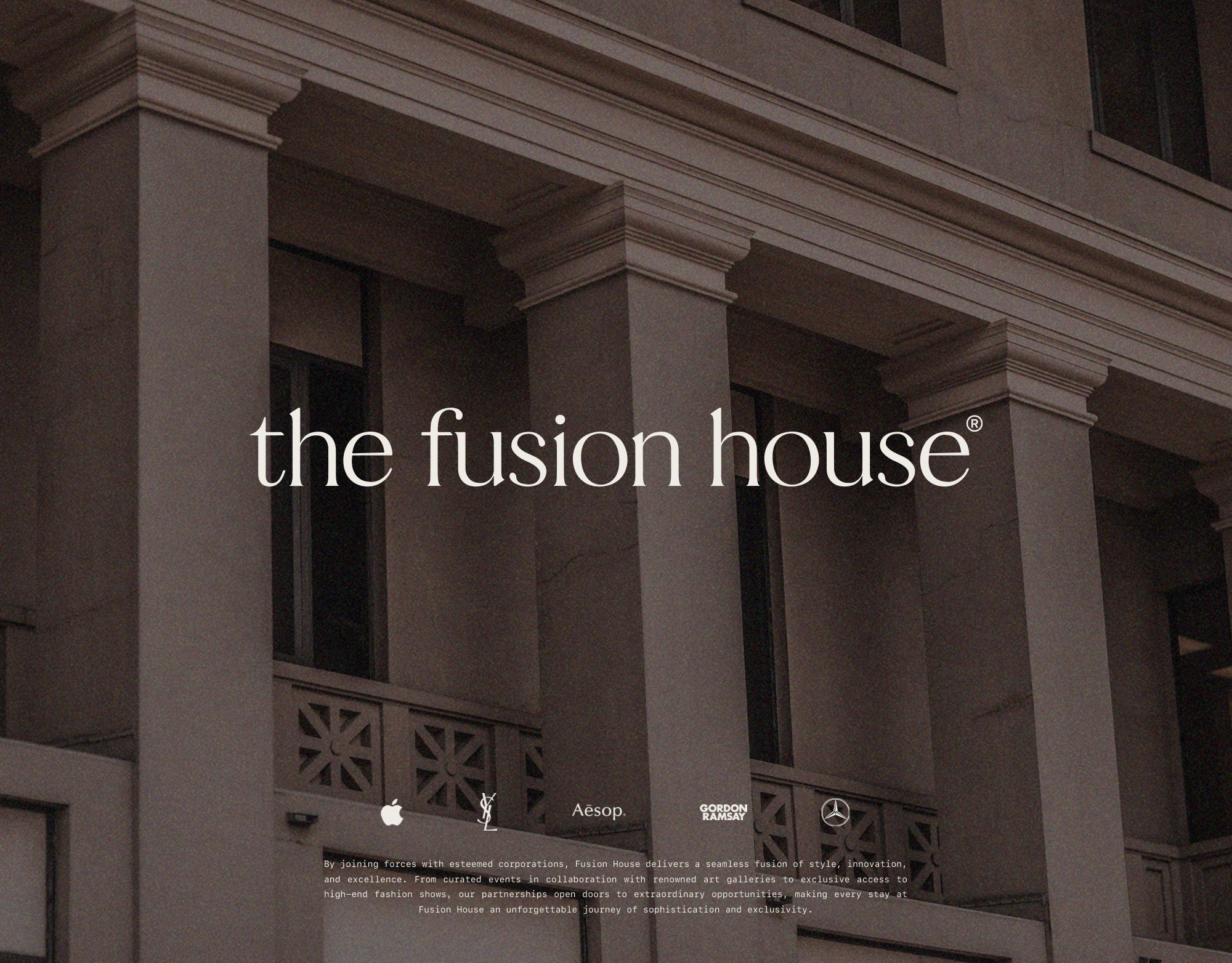 Website hero: a neoclassical New York facade behind The Fusion House wordmark