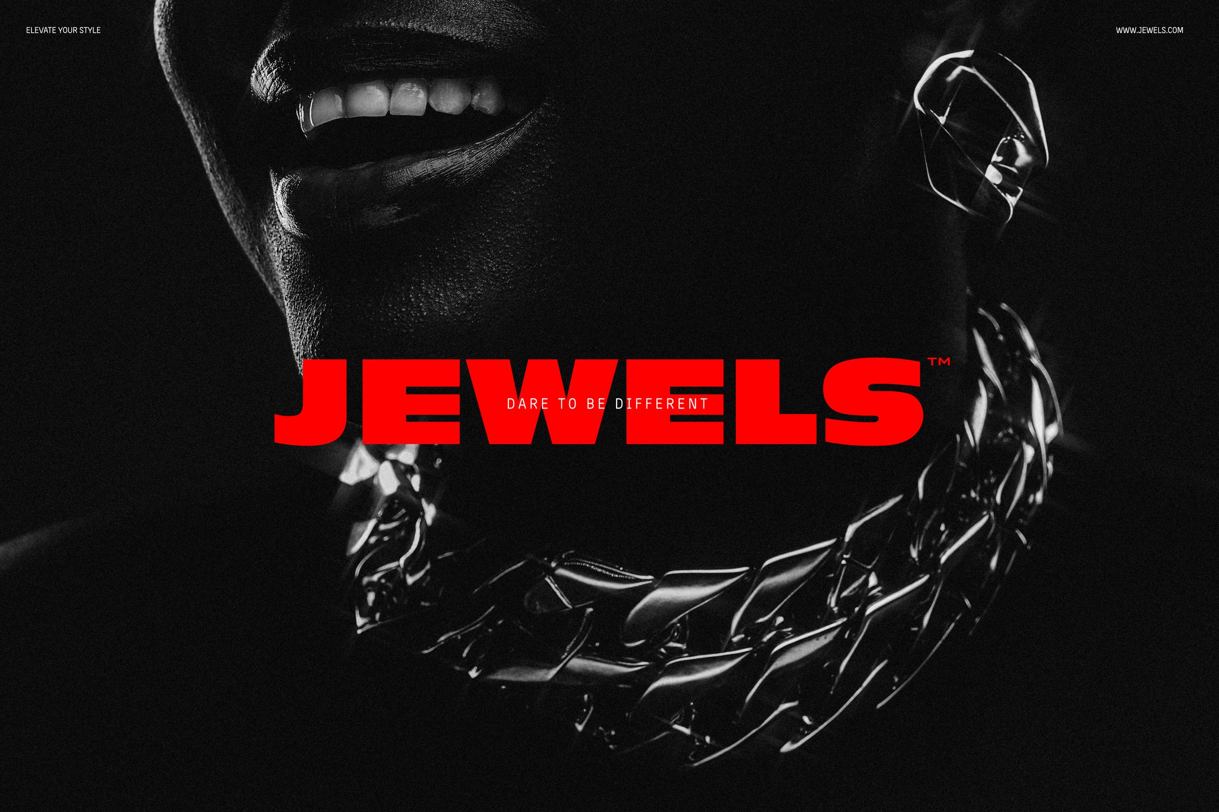 Campaign still: a chain necklace and a smile under the Jewels wordmark