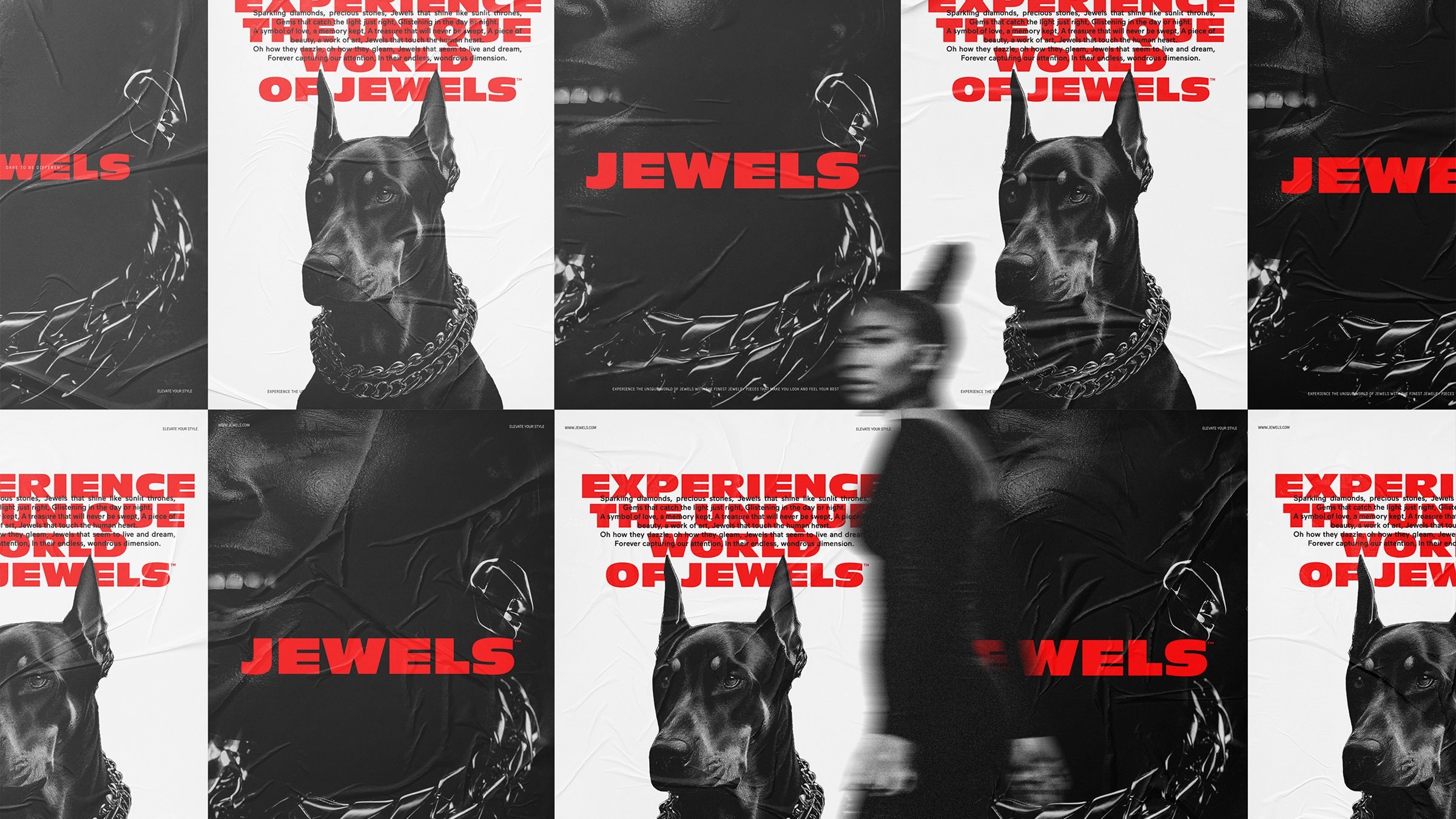 Social grid alternating Doberman photography with red campaign typography